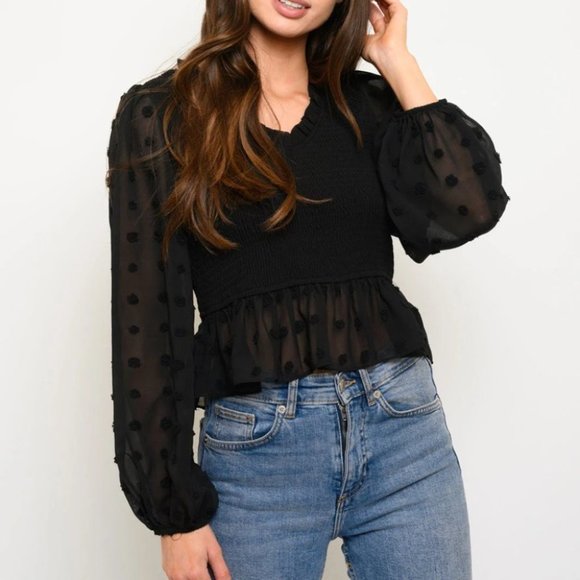 WOMEN'S SMOCKED LONG SLEEVE PEPLUM TOP - Picture 3 of 3